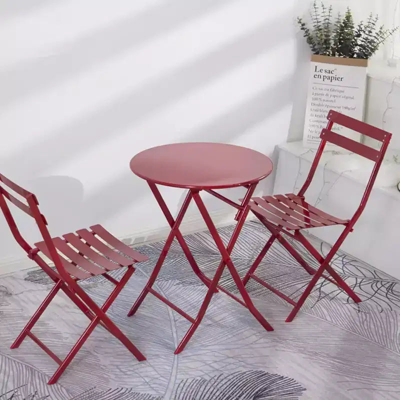 Outdoor Foldable Round Table+2-Chair Terrace Tavern Set Anti Rust Metal Portable Courtyard Leisure Table and Chair
