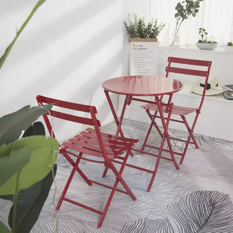 Outdoor Foldable Round Table+2-Chair Terrace Tavern Set Anti Rust Metal Portable Courtyard Leisure Table and Chair