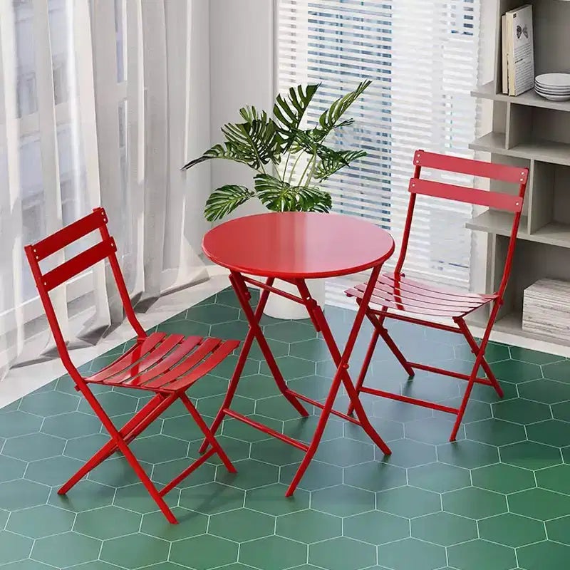 Outdoor Foldable Round Table+2-Chair Terrace Tavern Set Anti Rust Metal Portable Courtyard Leisure Table and Chair