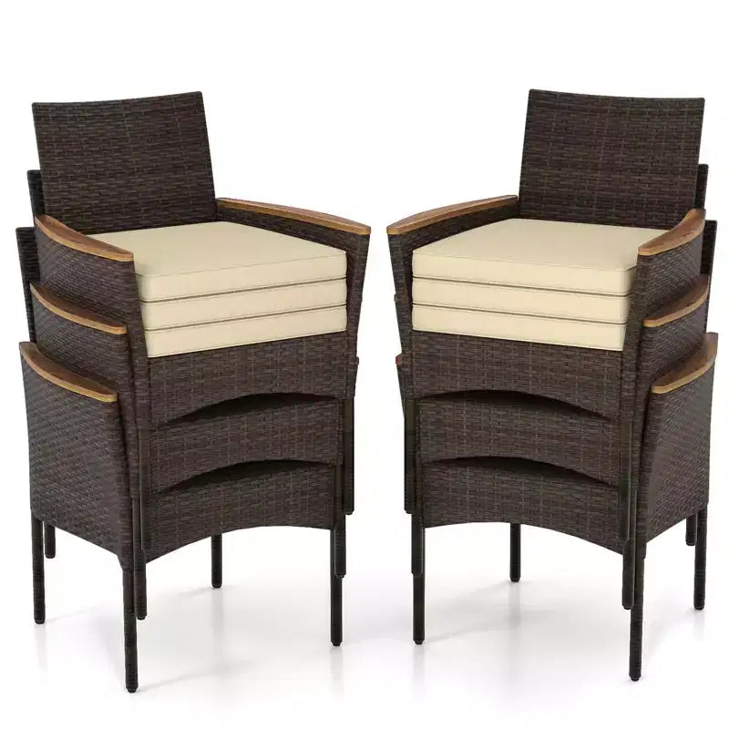 Gymax Patio Wicker Chairs 6 PCS w/Steel Frame & Soft Cushions Armrests Outdoor Mix Brown& Beige