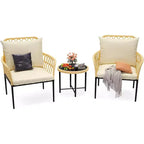 3-Piece Patio Bistro Set, All-Weather Rattan Chairs with Cushions and Glass Coffee Table, Ideal Outdoor Conversation Set for Balcony, Backyard