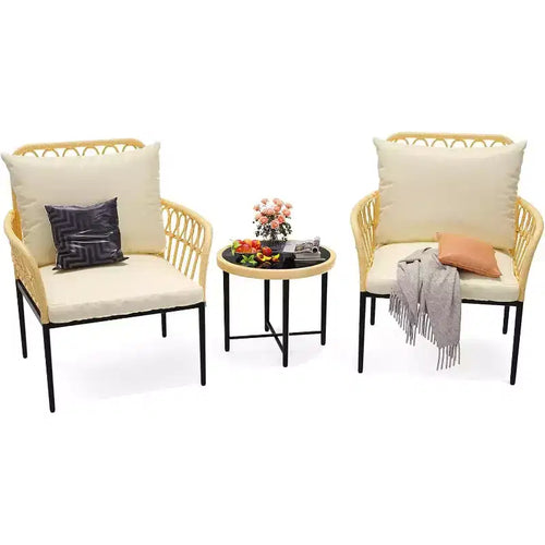 3-Piece Patio Bistro Set, All-Weather Rattan Chairs with Cushions and Glass Coffee Table, Ideal Outdoor Conversation Set for Balcony, Backyard
