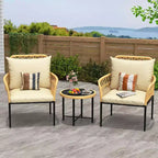 3-Piece Patio Bistro Set, All-Weather Rattan Chairs with Cushions and Glass Coffee Table, Ideal Outdoor Conversation Set for Balcony, Backyard