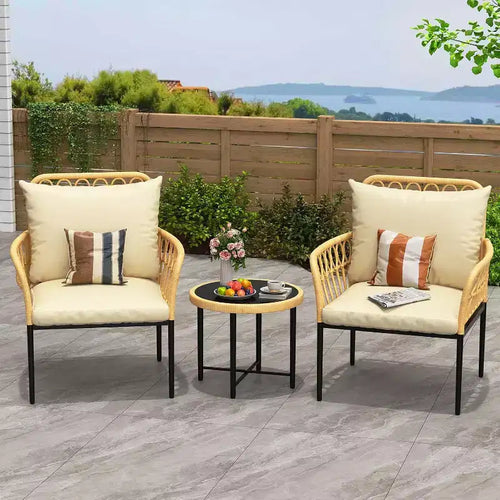 3-Piece Patio Bistro Set, All-Weather Rattan Chairs with Cushions and Glass Coffee Table, Ideal Outdoor Conversation Set for Balcony, Backyard