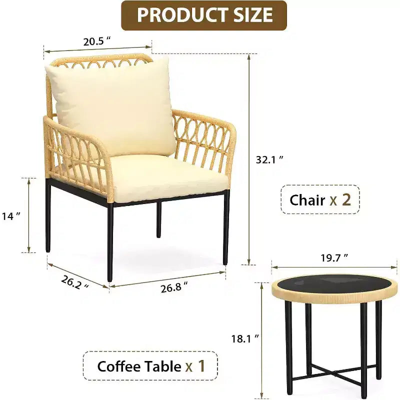 3-Piece Patio Bistro Set, All-Weather Rattan Chairs with Cushions and Glass Coffee Table, Ideal Outdoor Conversation Set for Balcony, Backyard
