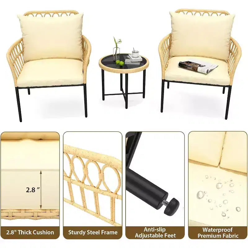 3-Piece Patio Bistro Set, All-Weather Rattan Chairs with Cushions and Glass Coffee Table, Ideal Outdoor Conversation Set for Balcony, Backyard