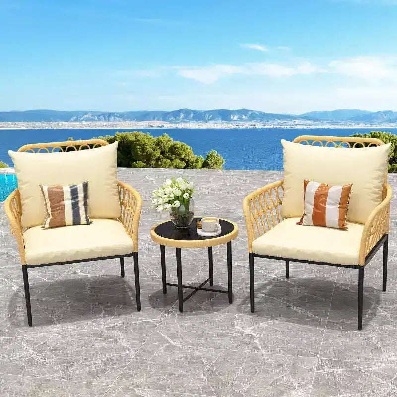 3-Piece Patio Bistro Set, All-Weather Rattan Chairs with Cushions and Glass Coffee Table, Ideal Outdoor Conversation Set for Balcony, Backyard