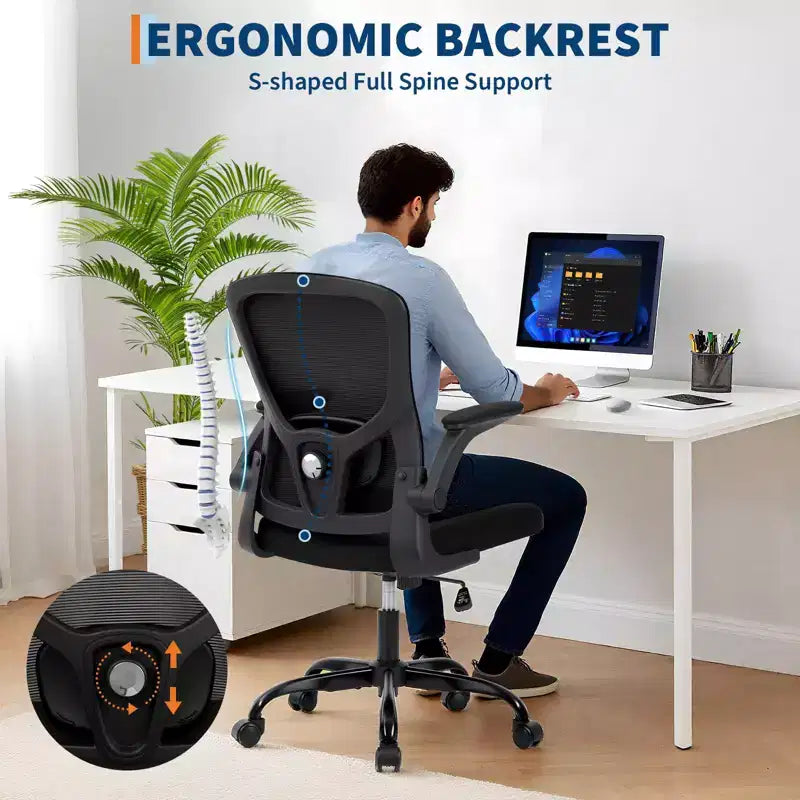 Premium Ergonomic High-Grey Mesh Office Chair - Adjustable Height, Flip-Up Armrests & Lumbar Support - Comfy Swivel Seat for Home, Gaming & Work