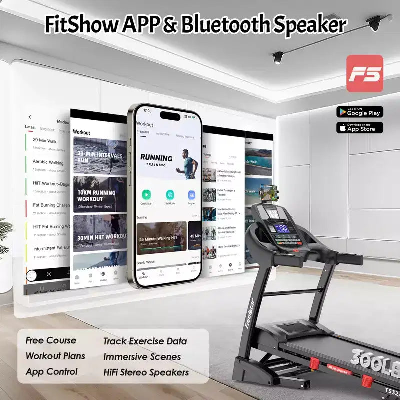 400lbs Capacity Treadmill, Folding Treadmill with 20%Incline, Electric Treadmill with APP Control, 0.6-12MPH, 64+3+3+1Programs, Shock Absorption
