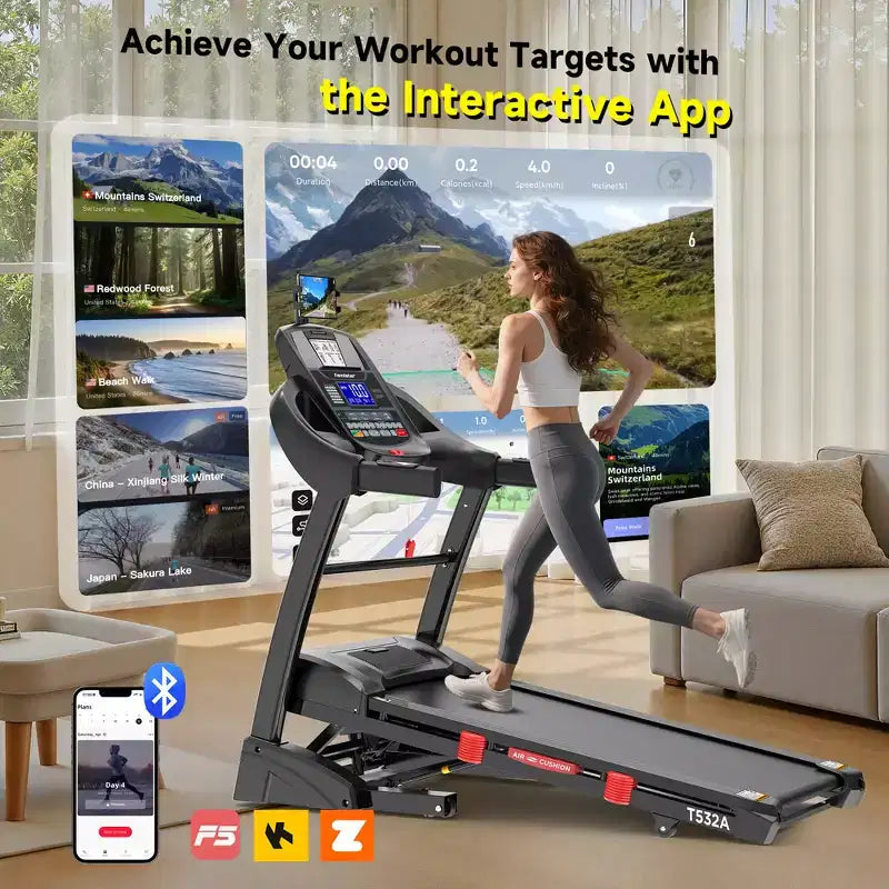 Folding Electric Treadmill for Home, 5HP Motor, 400 Lbs Capacity, Up to 12 MPH Running Machine with 20% Auto Incline, APP & Bluetooth Control