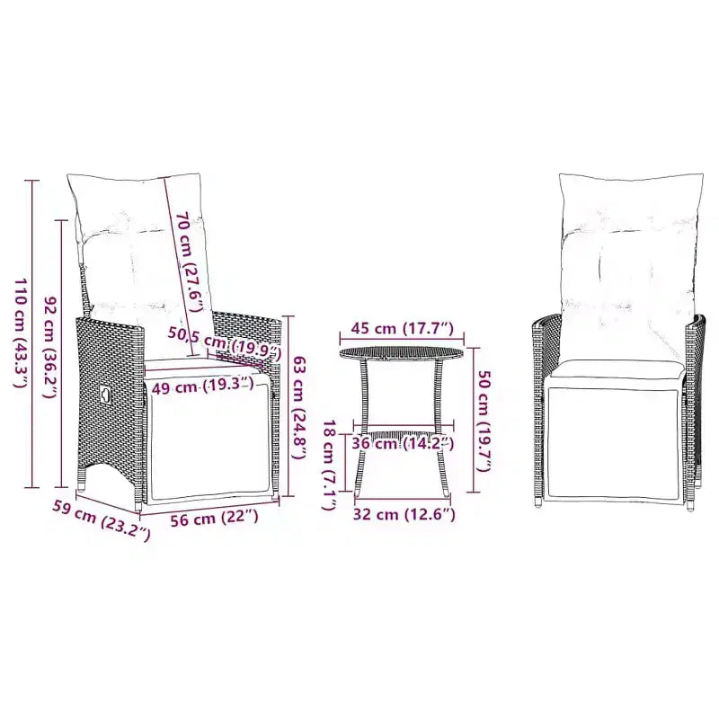 vidaXL 3 Piece Bistro Set with Cushions Gray Poly Rattan