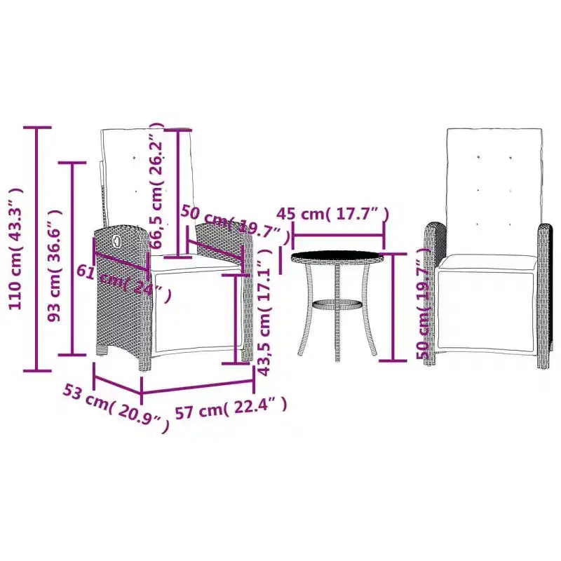 vidaXL 3 Piece Bistro Set with Cushions Black Poly Rattan