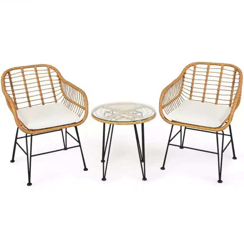 3 Pieces Rattan Furniture Set with Cushioned Chair Table
