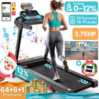 3.75HP Treadmill 300lb Capacity, Incline Folding Treadmill, 64+7 Smart Program, 7.5MPH, APP Control,Treadmill for Home Jogging Walking w/ HiFi Speaker