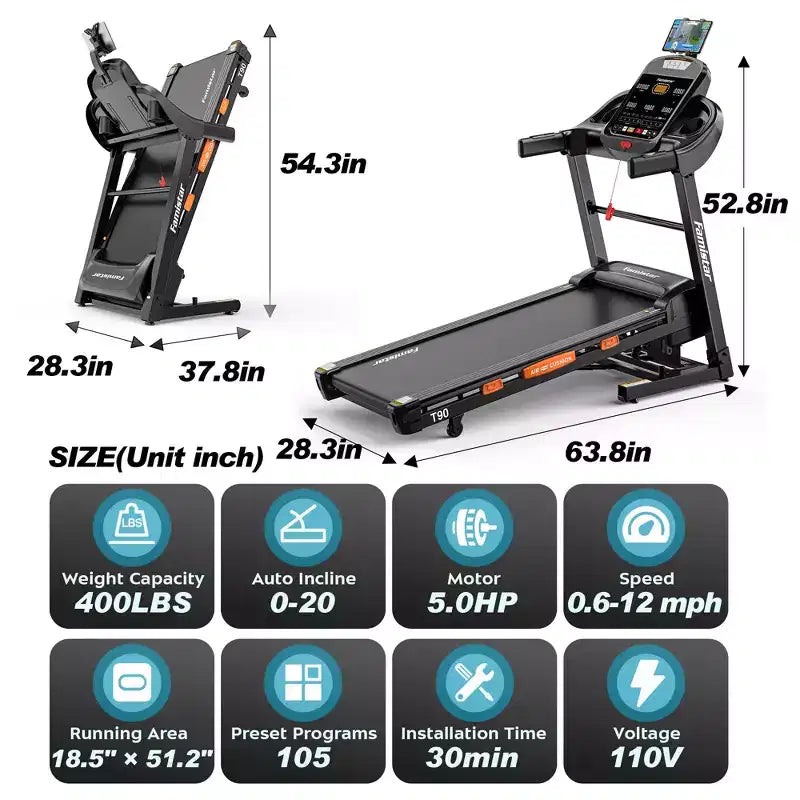 5HP Folding Treadmill  20-Level Automatic Incline, 105 Preset Programs, 0.6512 MPH, App Control for Home Gym