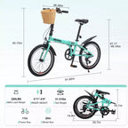 20 Inch Folding Bike for Adults with Basket, Phone Holder & Fenders, Steel Frame 6-Speed City Commuter, Dual V-Brake Portable Compact Bicycle