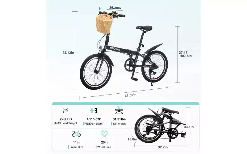 20 Inch Folding Bike for Adults with Basket, Phone Holder & Fenders, Steel Frame 6-Speed City Commuter, Dual V-Brake Portable Compact Bicycle