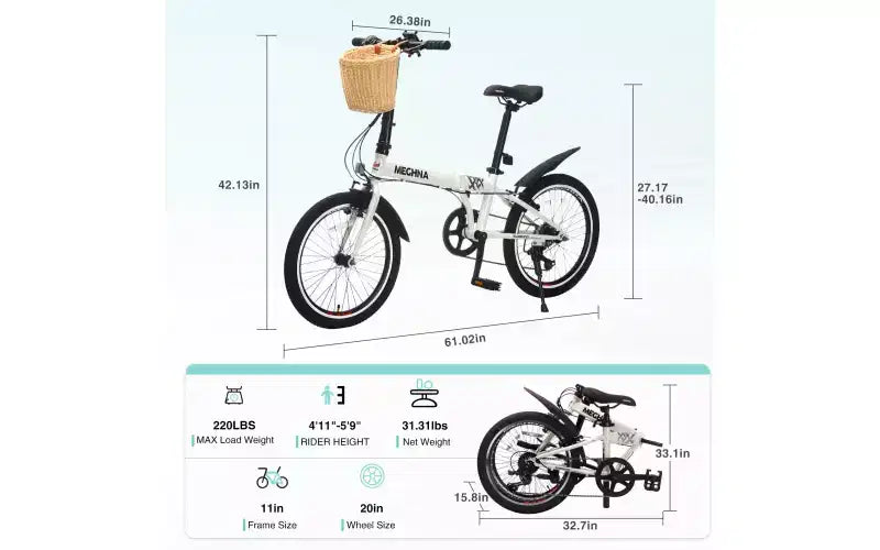 20 Inch Folding Bike for Adults with Basket, Phone Holder & Fenders, Steel Frame 6-Speed City Commuter, Dual V-Brake Portable Compact Bicycle