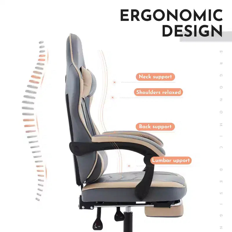 MAYEERTY Gaming Chair, Ergonomic Computer Chair with Footrest and Massage Lumbar Support, Height Adjustable Swivel Video Game Chair Blue Beige