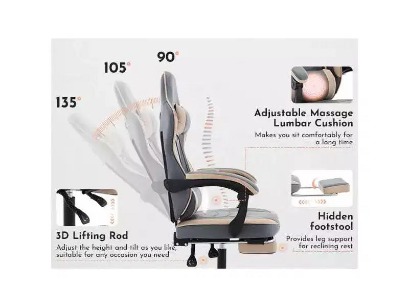 MAYEERTY Gaming Chair, Ergonomic Computer Chair with Footrest and Massage Lumbar Support, Height Adjustable Swivel Video Game Chair Blue Beige