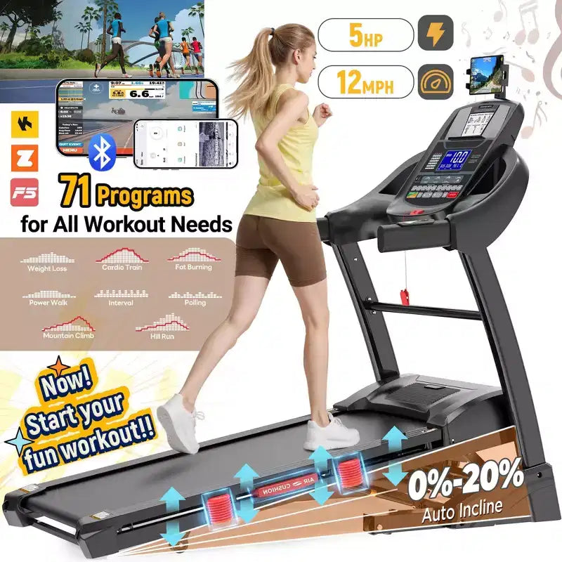 Treadmill Clearance: 5HP Folding Treadmill for Home, 20 Level Auto Incline, 71 Programs, Free Courses, 300 lbs Capacity, Jogging walking machine
