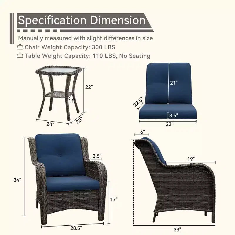 UPTIOT Outdoor Bistro Set with Ergonomic PE Rattan Chairs & Tempered Glass Side Table
