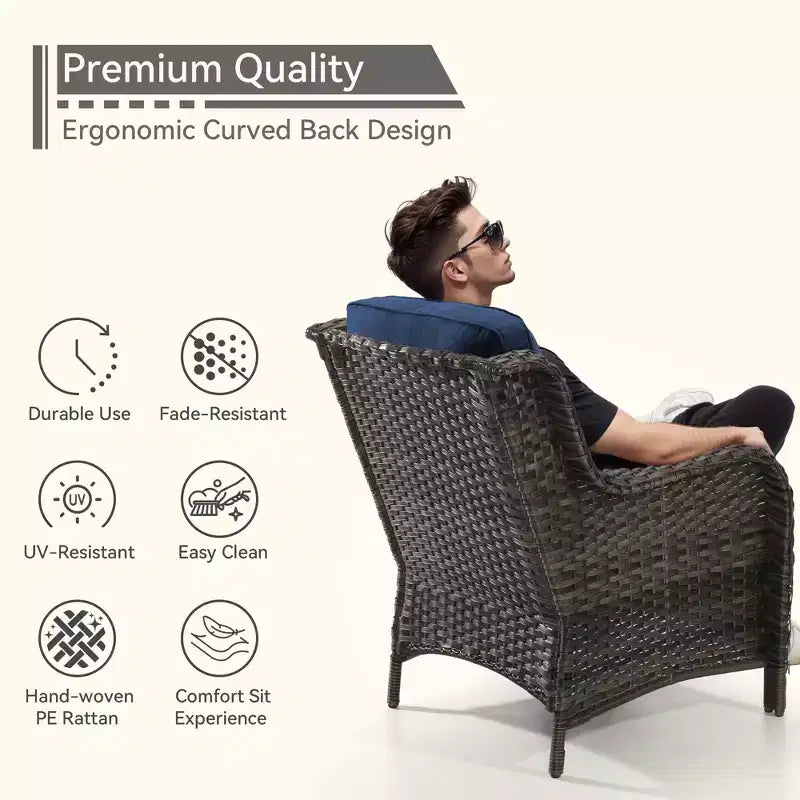 UPTIOT Outdoor Bistro Set with Ergonomic PE Rattan Chairs & Tempered Glass Side Table