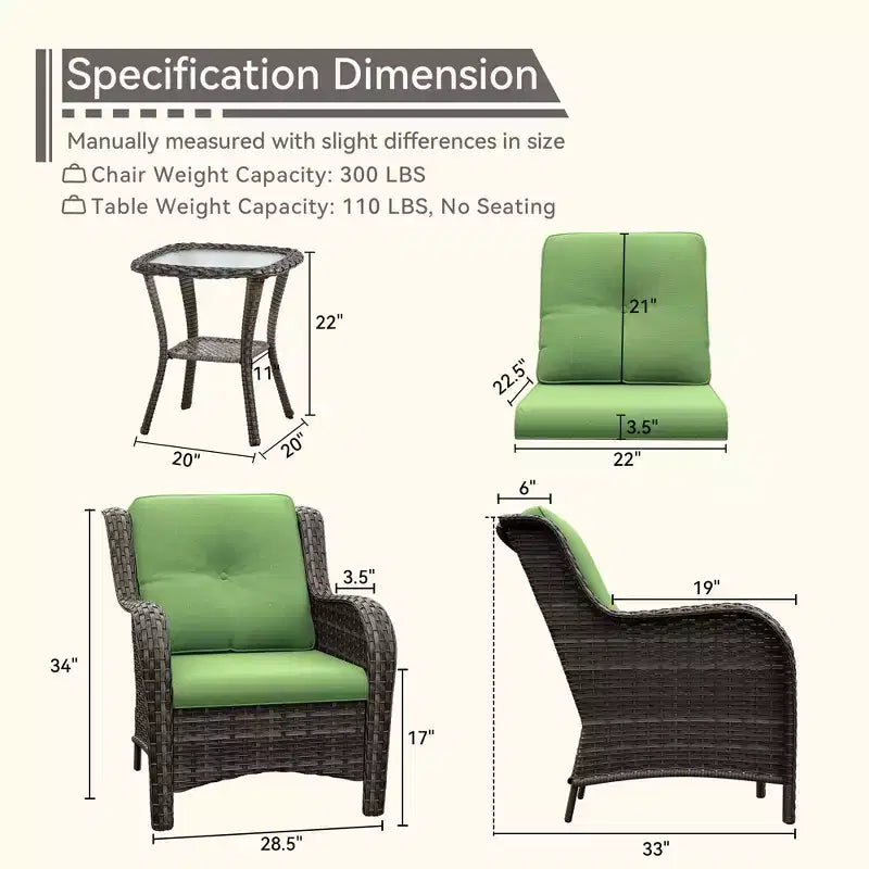 UPTIOT Outdoor Bistro Set with Ergonomic PE Rattan Chairs & Tempered Glass Side Table