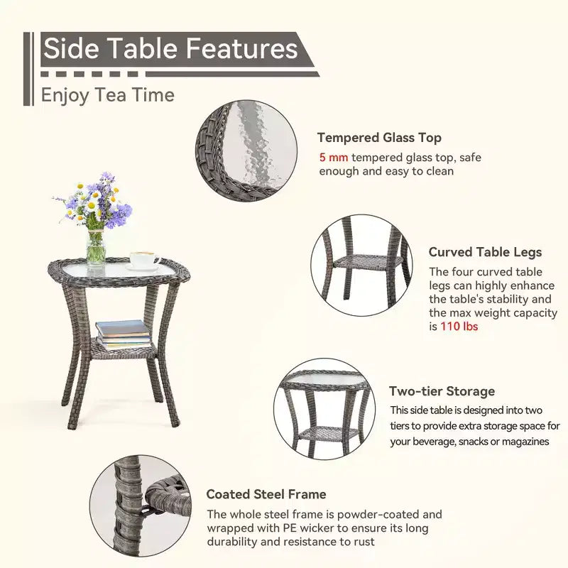 UPTIOT Outdoor Bistro Set with Ergonomic PE Rattan Chairs & Tempered Glass Side Table