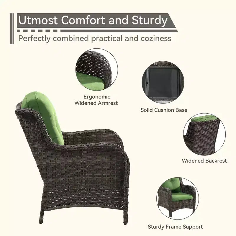 UPTIOT Outdoor Bistro Set with Ergonomic PE Rattan Chairs & Tempered Glass Side Table