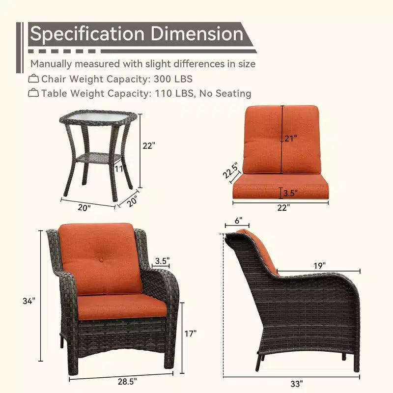 UPTIOT Outdoor Bistro Set with Ergonomic PE Rattan Chairs & Tempered Glass Side Table