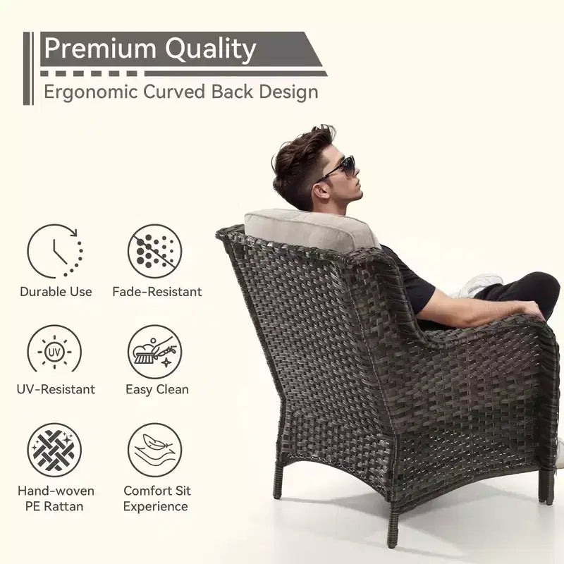 UPTIOT Outdoor Bistro Set with Ergonomic PE Rattan Chairs & Tempered Glass Side Table