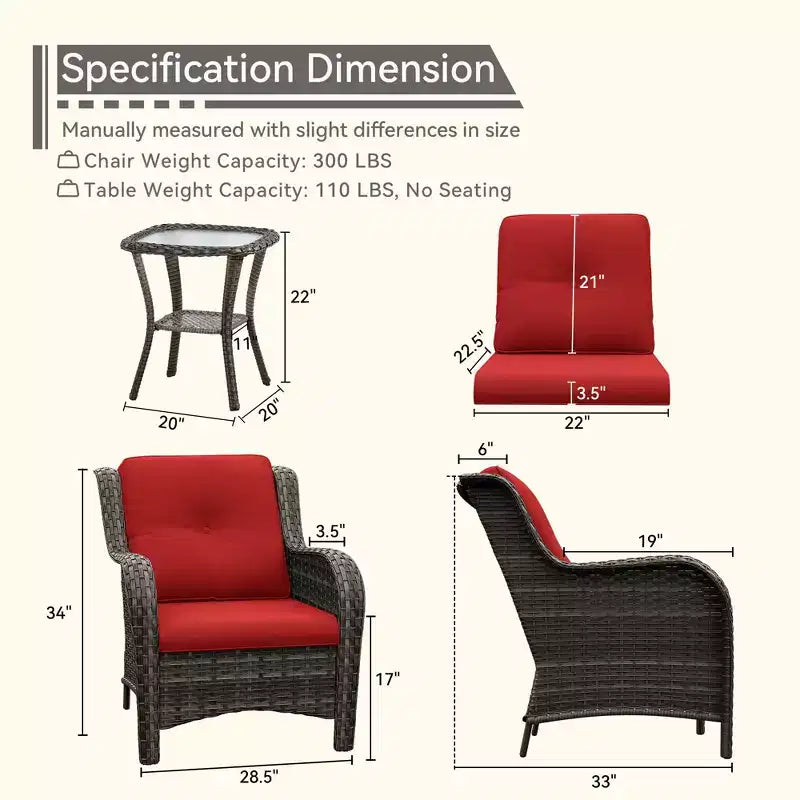 UPTIOT Outdoor Bistro Set with Ergonomic PE Rattan Chairs & Tempered Glass Side Table
