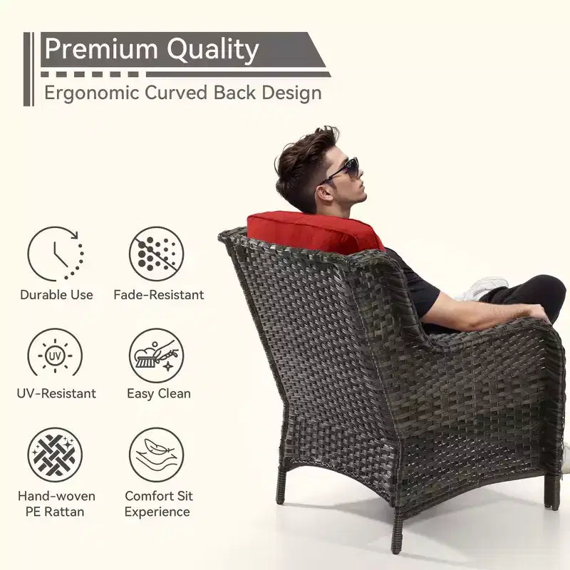 UPTIOT Outdoor Bistro Set with Ergonomic PE Rattan Chairs & Tempered Glass Side Table