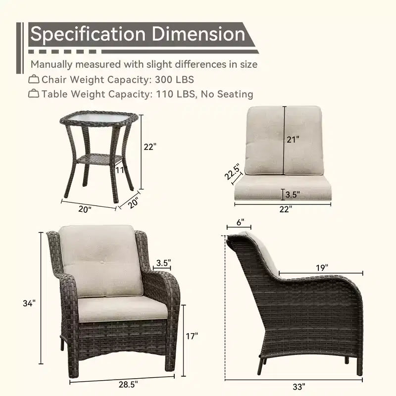 UPTIOT Outdoor Bistro Set with Ergonomic PE Rattan Chairs & Tempered Glass Side Table