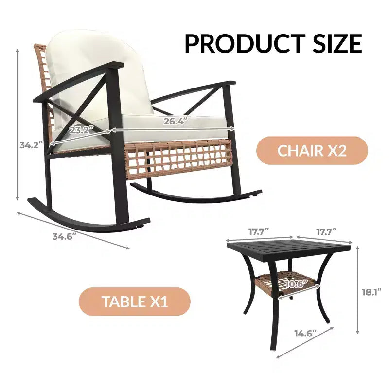 3-Piece Rocking Bistro Set with 2 Cushioned Chairs & Coffee Table, Outdoor Rocker Patio Set for Porch, Lawn, Pool, or Garden