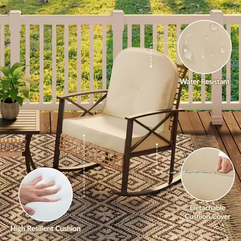 3-Piece Rocking Bistro Set with 2 Cushioned Chairs & Coffee Table, Outdoor Rocker Patio Set for Porch, Lawn, Pool, or Garden