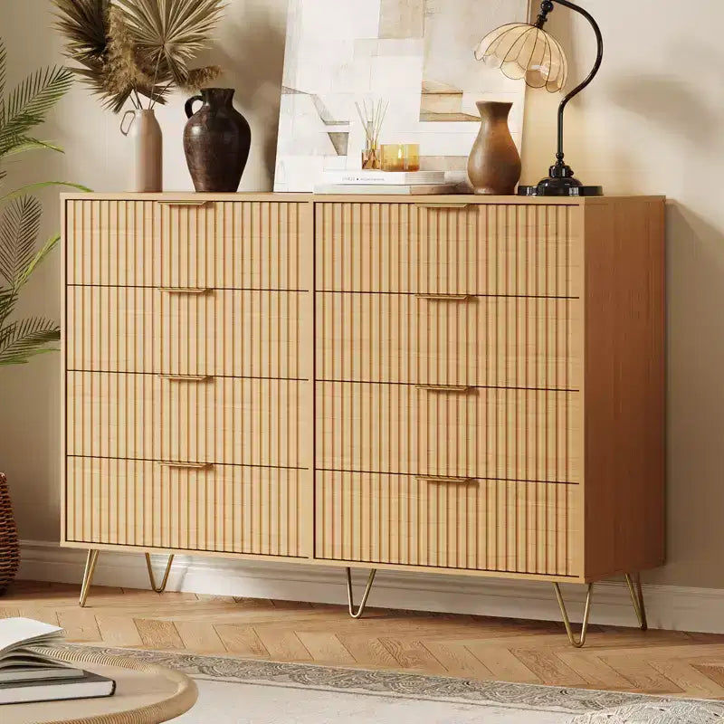 8 Drawer Dresser for Bedroom, 55W Wood Chest of Drawers with Metal Legs, Clothes Storage Organizer,Closet Dresser & TV Stand for Hallway