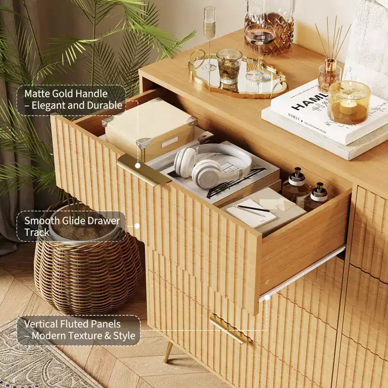 8 Drawer Dresser for Bedroom, 55W Wood Chest of Drawers with Metal Legs, Clothes Storage Organizer,Closet Dresser & TV Stand for Hallway