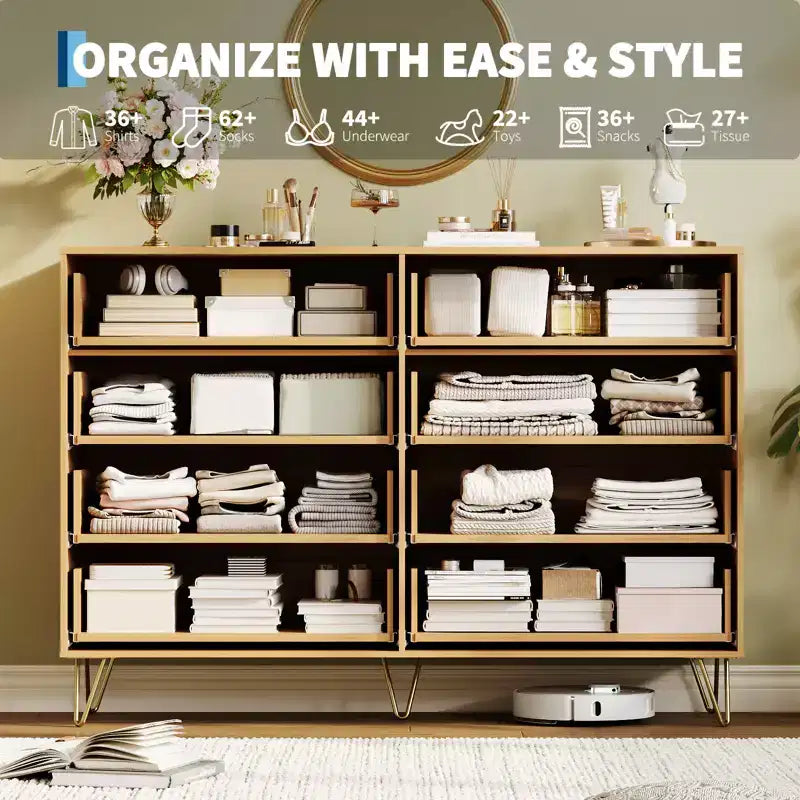 8 Drawer Dresser for Bedroom, 55W Wood Chest of Drawers with Metal Legs, Clothes Storage Organizer,Closet Dresser & TV Stand for Hallway