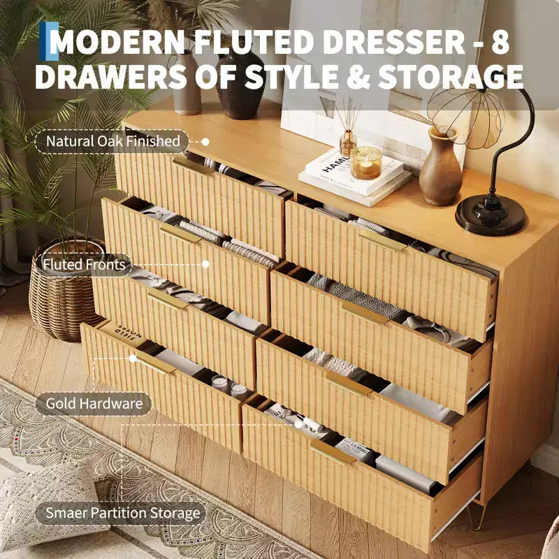 8 Drawer Dresser for Bedroom, 55W Wood Chest of Drawers with Metal Legs, Clothes Storage Organizer,Closet Dresser & TV Stand for Hallway