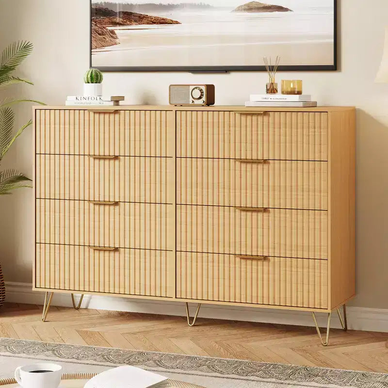 8 Drawer Dresser for Bedroom, 55W Wood Chest of Drawers with Metal Legs, Clothes Storage Organizer,Closet Dresser & TV Stand for Hallway