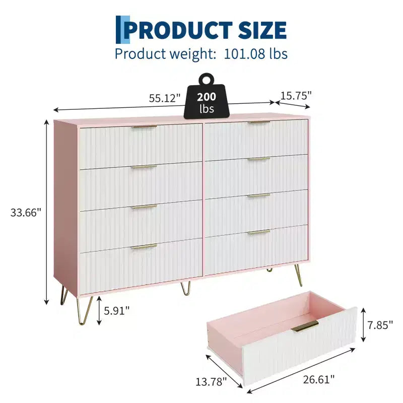 8 Drawer Dresser for Bedroom, 55W Wood Chest of Drawers with Metal Legs, Clothes Storage Organizer,Closet Dresser & TV Stand for Hallway