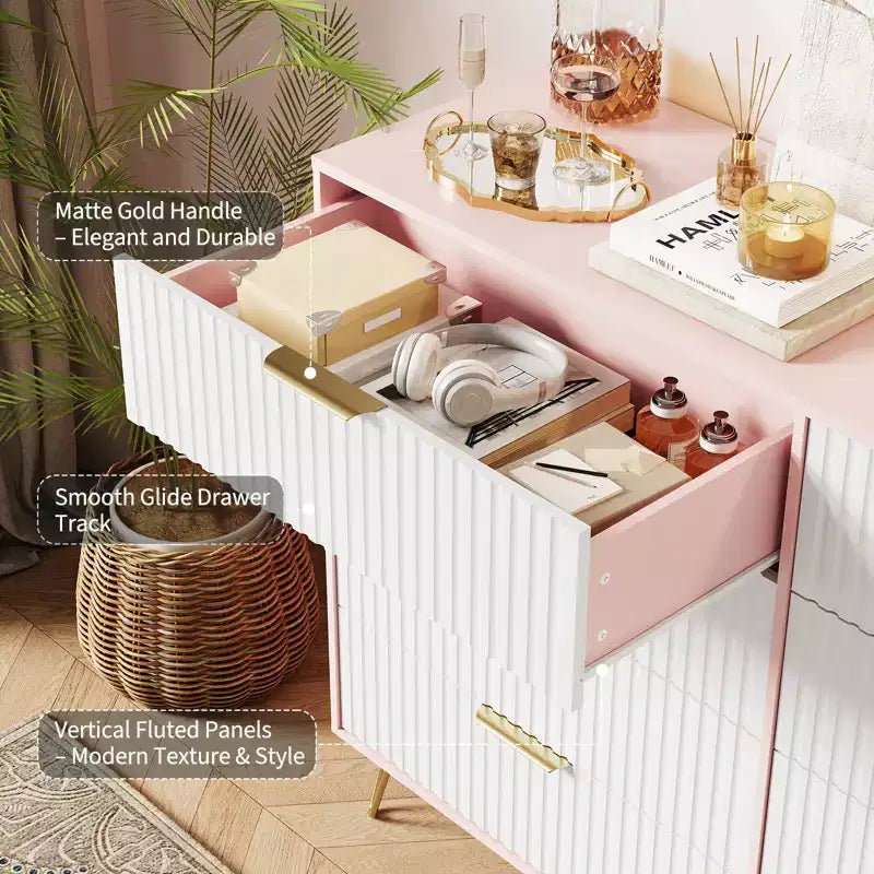 8 Drawer Dresser for Bedroom, 55W Wood Chest of Drawers with Metal Legs, Clothes Storage Organizer,Closet Dresser & TV Stand for Hallway