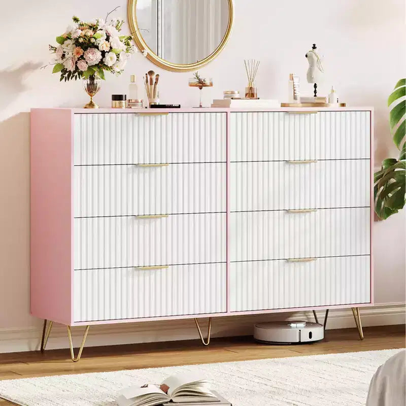 8 Drawer Dresser for Bedroom, 55W Wood Chest of Drawers with Metal Legs, Clothes Storage Organizer,Closet Dresser & TV Stand for Hallway
