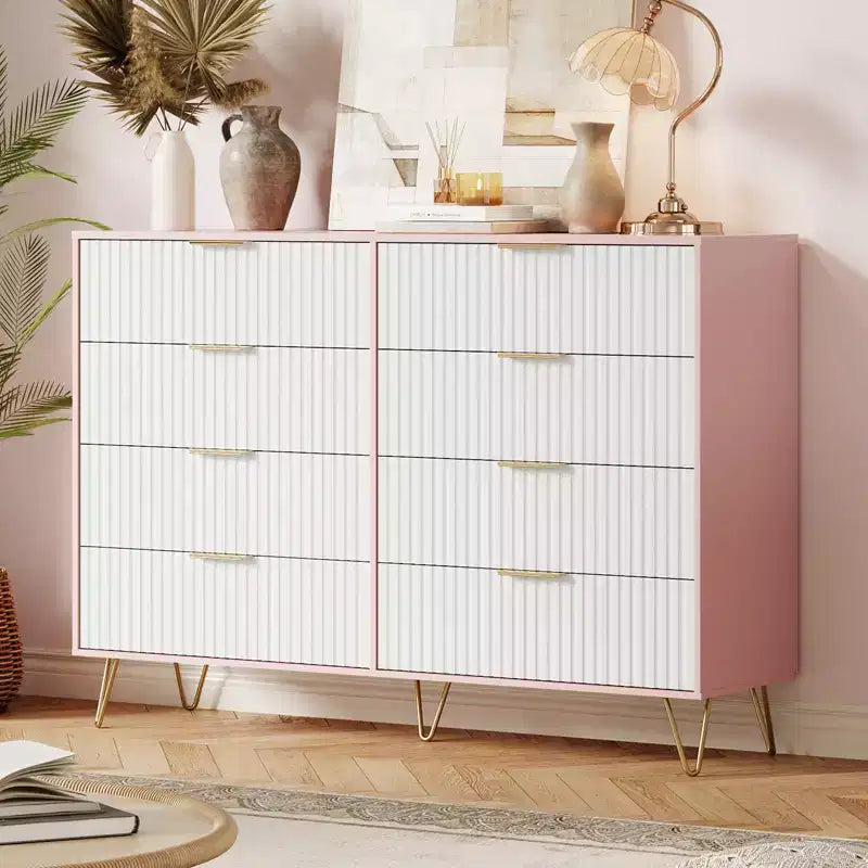 8 Drawer Dresser for Bedroom, 55W Wood Chest of Drawers with Metal Legs, Clothes Storage Organizer,Closet Dresser & TV Stand for Hallway