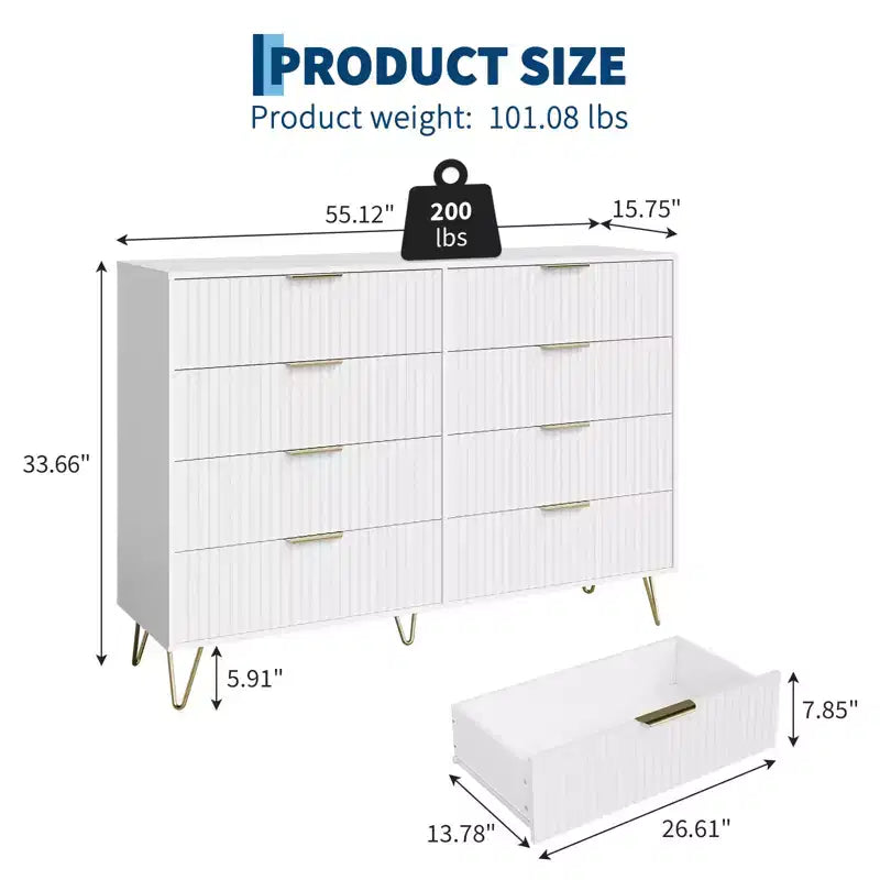 8 Drawer Dresser for Bedroom, 55W Wood Chest of Drawers with Metal Legs, Clothes Storage Organizer,Closet Dresser & TV Stand for Hallway