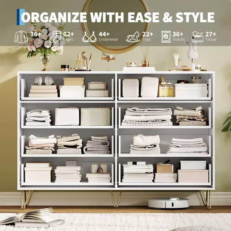 8 Drawer Dresser for Bedroom, 55W Wood Chest of Drawers with Metal Legs, Clothes Storage Organizer,Closet Dresser & TV Stand for Hallway