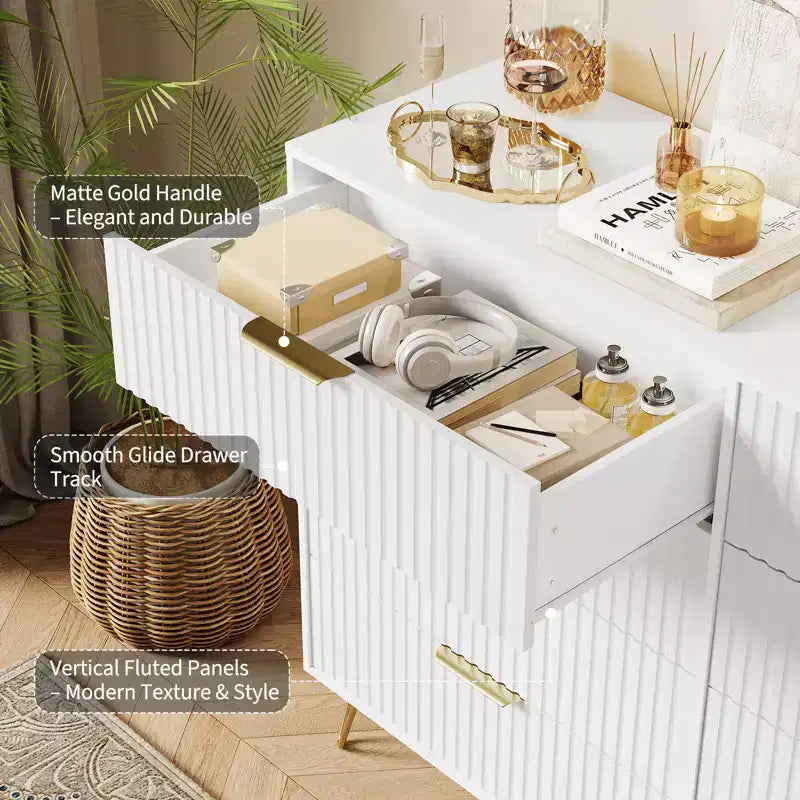 8 Drawer Dresser for Bedroom, 55W Wood Chest of Drawers with Metal Legs, Clothes Storage Organizer,Closet Dresser & TV Stand for Hallway