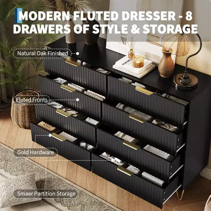8 Drawer Dresser for Bedroom, 55W Wood Chest of Drawers with Metal Legs, Clothes Storage Organizer,Closet Dresser & TV Stand for Hallway